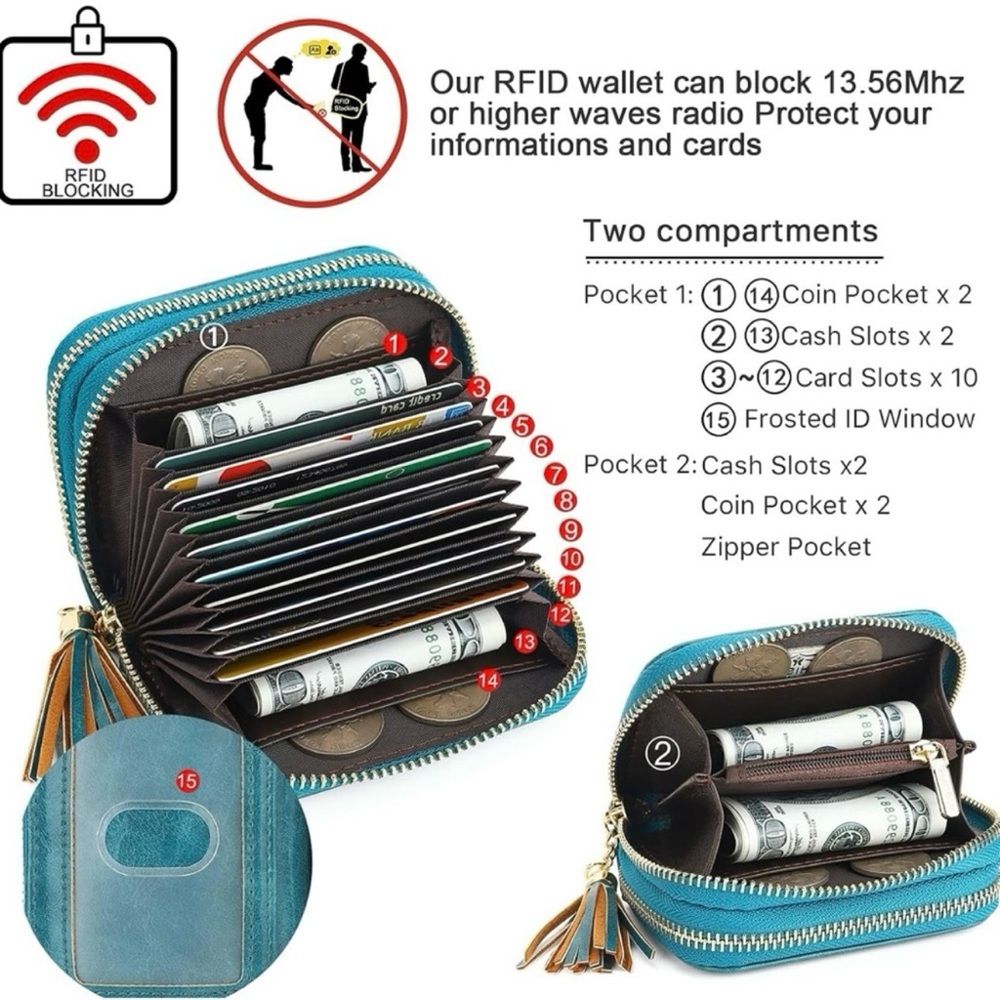 🆕 Teal Wallet with Tassel Keychain | RFID Blocking - Picture 3 of 9